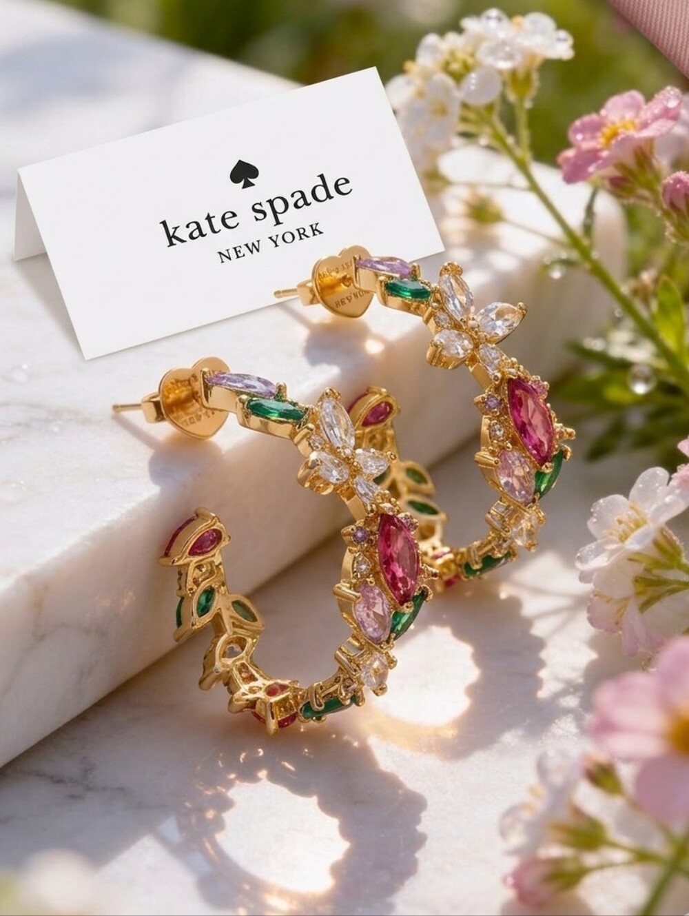 Kate Spade Greehouse Floral Multicolor Crystal Hoop Earrings - Gold